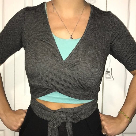 Charlotte Russe Tops - NWT Dark Grey 3/4 Sleeve Wrap Around Shirt
